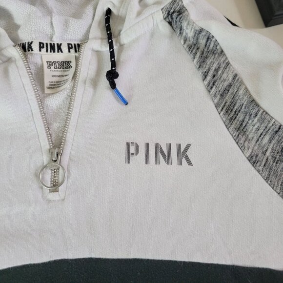 PINK Pullover Quarter Zipper Hoodie Pockets Block Color Black White Womens Small - Picture 10 of 14